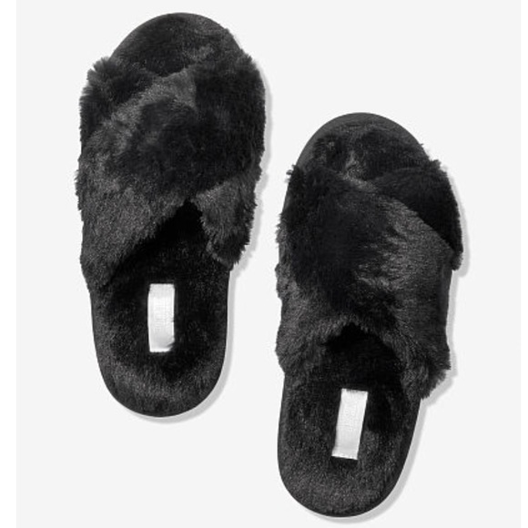 VS PINK Sherpa Blanket Zebra Pink Slippers Black L
